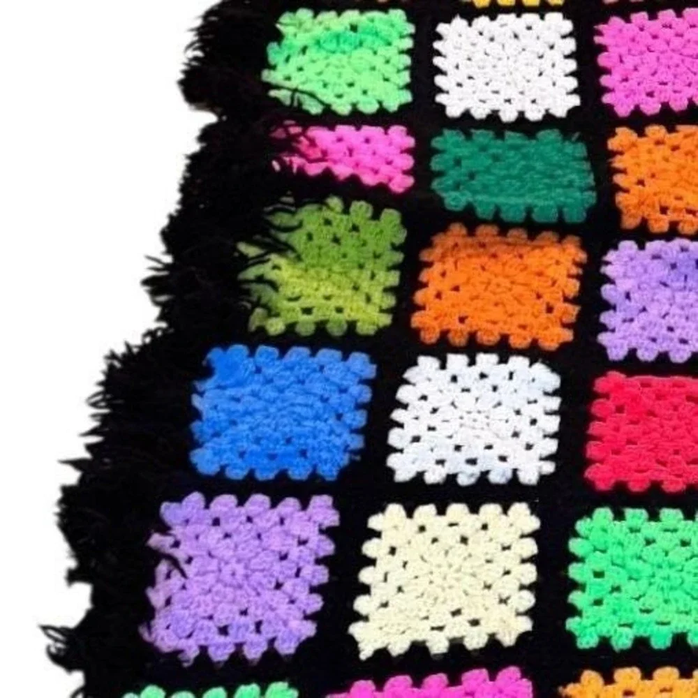 Crochet Granny Square Blanket Boho Multicolor Fringe Throw 100